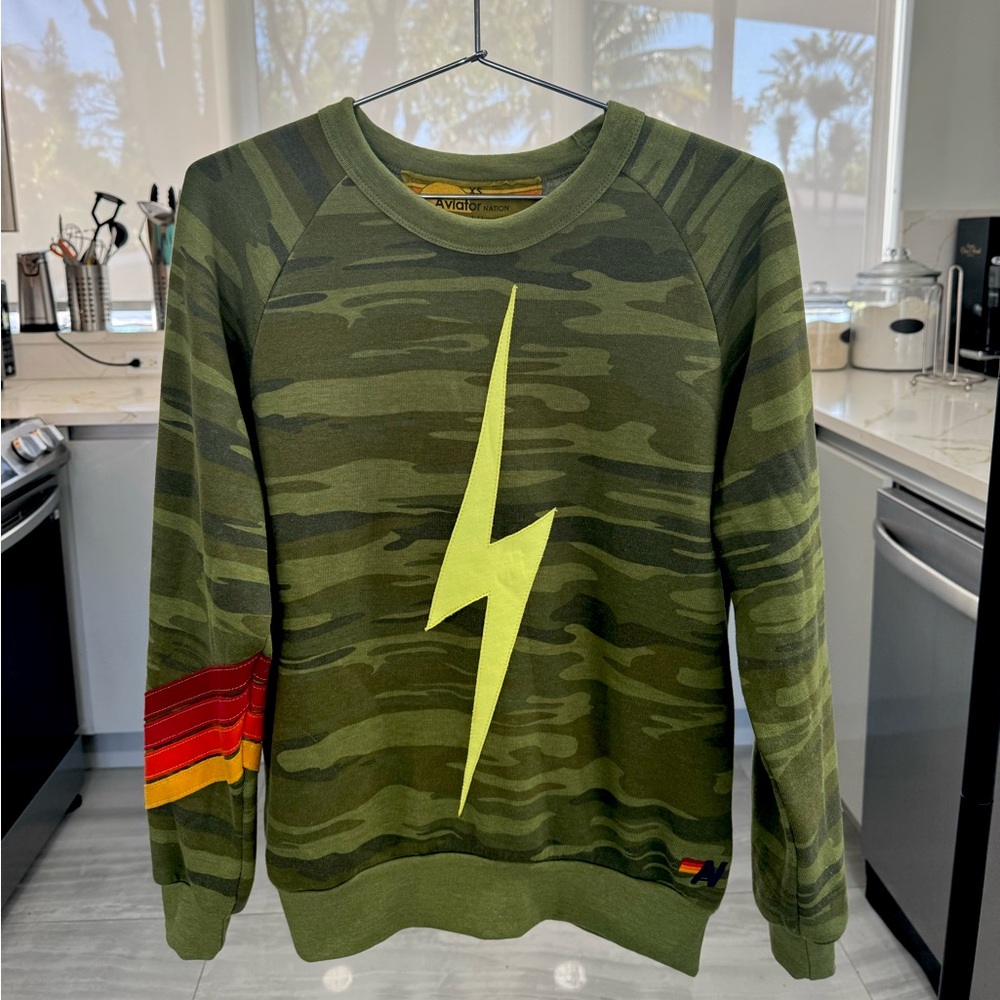 Aviator Nation Green Camo Sweatshirt with Lightning Bolt